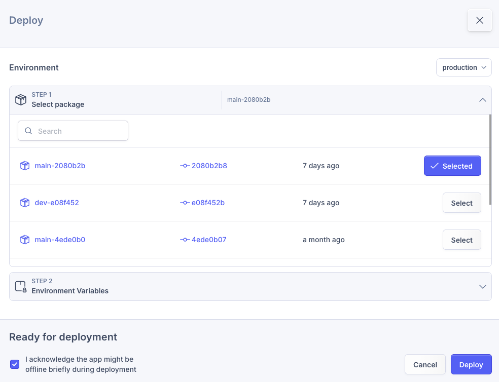 Low-Ops portal deploy drawer selecting a package for the production environment