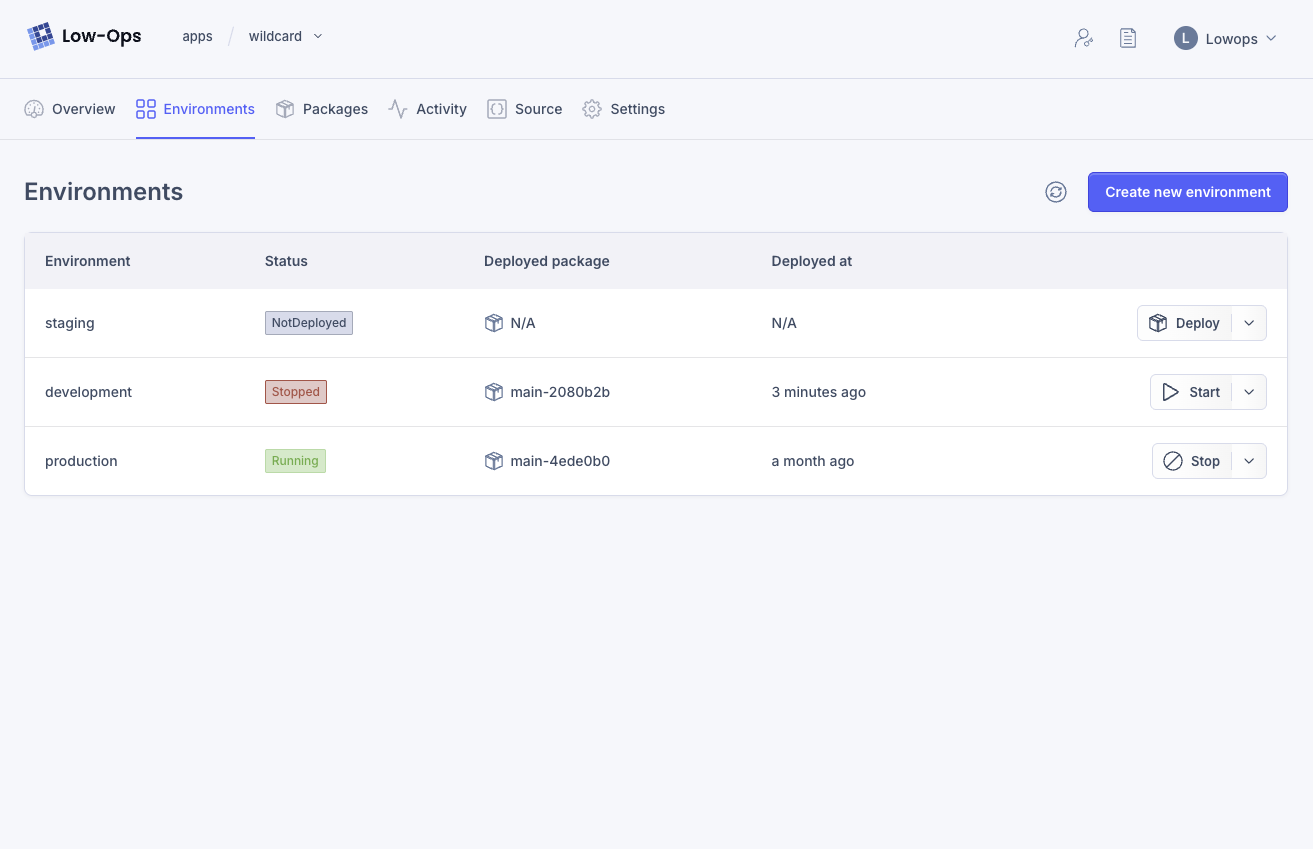 Low-Ops portal environments view listing staging, development and production with deploy controls