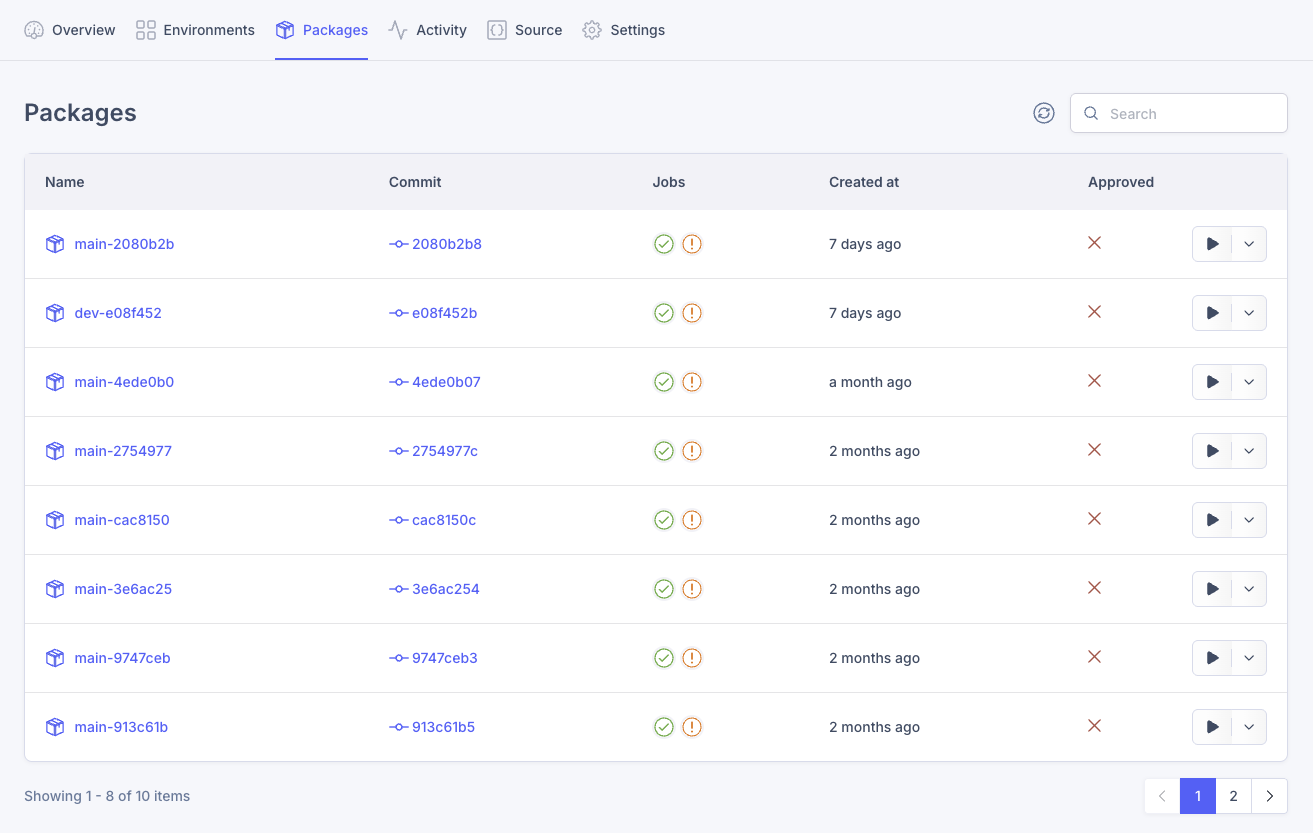 Low-Ops portal packages view showing builds linked to commits with job status and approvals